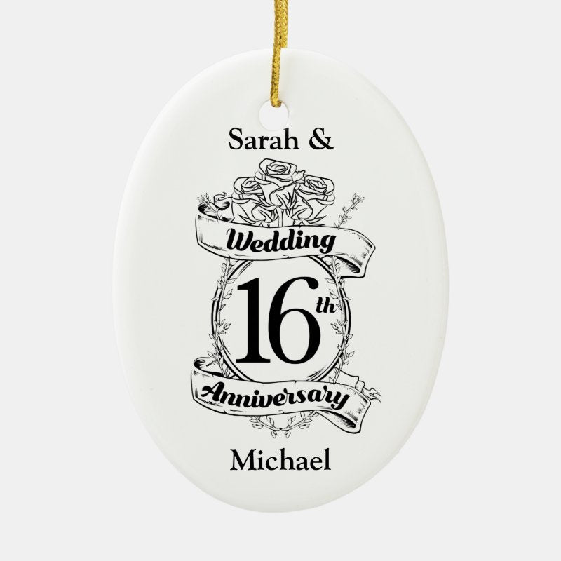 16Th Wedding Anniversary Black And White Roses Ceramic Ornament