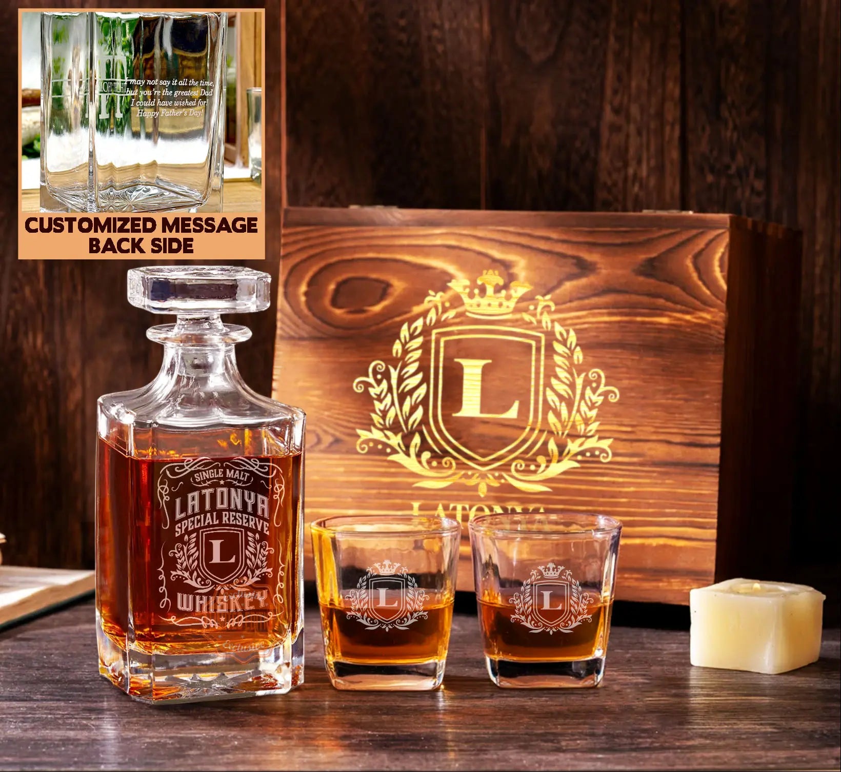 LATONYA Personalized Decanter Set wooden box and Ice 9
