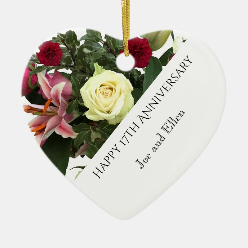 17Th Wedding Anniversary, Bouquet Keepsake Heart Ceramic Ornament