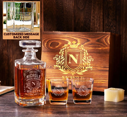 NICHOLE Personalized Decanter Set wooden box and Ice 9