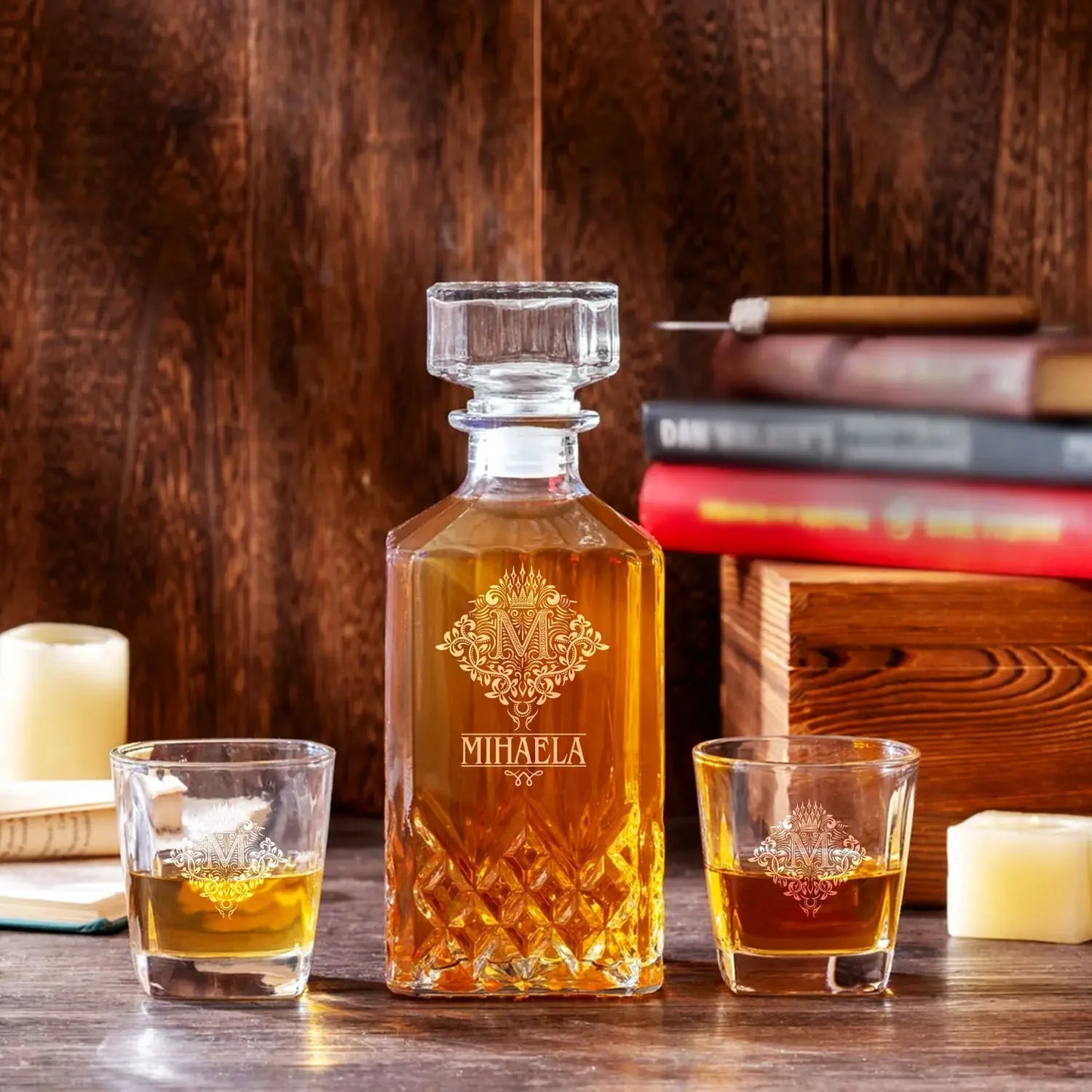 MIHAELA 13K4 Personalized Decanter Set wooden box and Ice 5