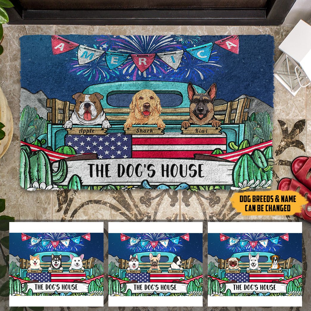 The Dog Family In Beautiful Work Fire Sky Catus Indepenence Day Personalized Doormat