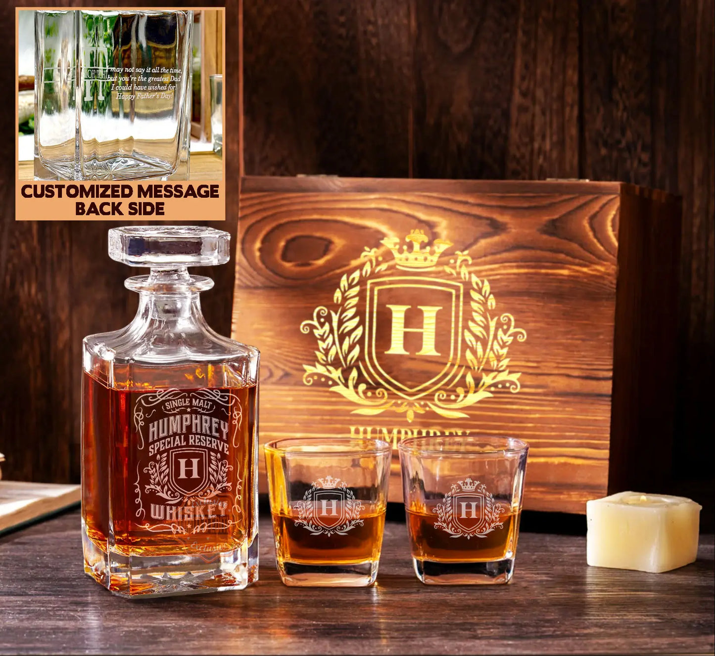 HUMPHREY Personalized Decanter Set wooden box and Ice 9