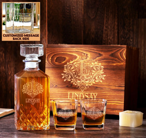 LINDSAY Personalized Decanter Set wooden box and Ice 5