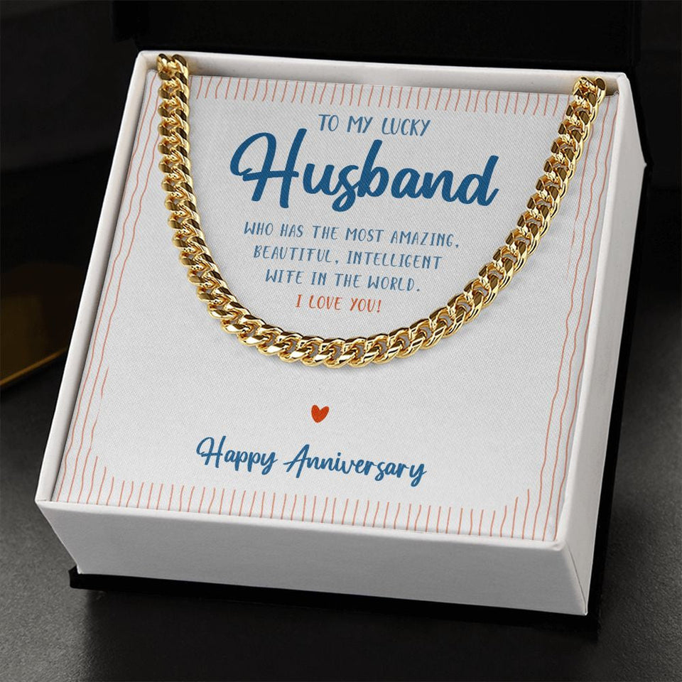 "Who Has the Most" Lucky Husband Wedding Anniversary Necklace Gift From Wife Cuban Link Chain Jewelry Box