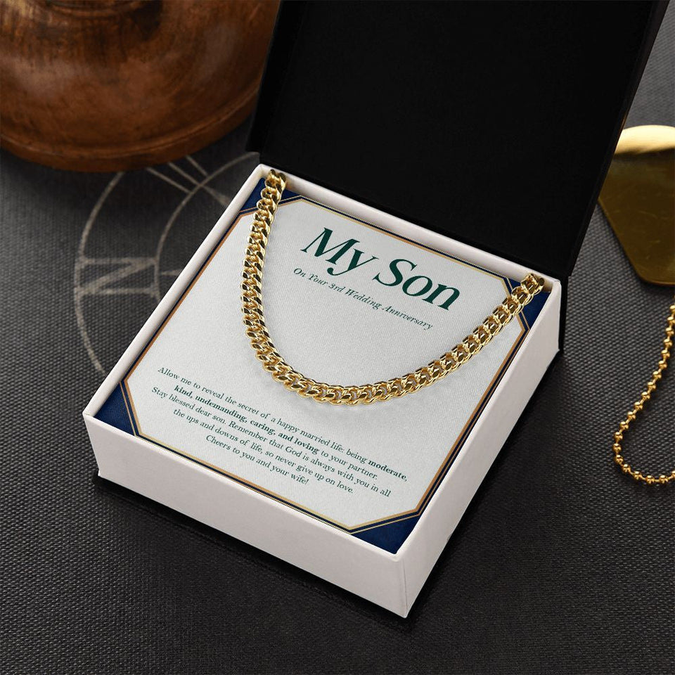 "Being Blessed" Son 3rd Wedding Anniversary Necklace Gift From Mom Dad Parents Cuban Link Chain Jewelry Box