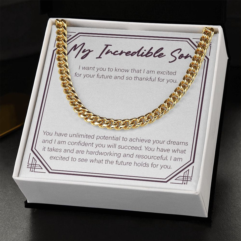 "Excited For Your Future" Incredible Son Necklace Gift From Mom Dad Cuban Link Chain Jewelry Box Birthday Graduation Christmas Wedding