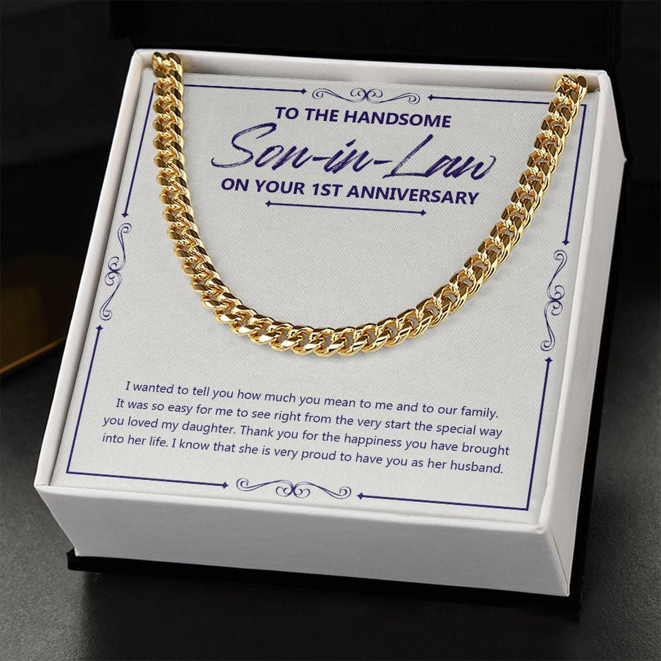 "Happiness You Brought" Handsome Son In Law 1st Wedding Anniversary Necklace Gift From Mother-In-Law Father-In-Law Cuban Link Chain Jewelry Box