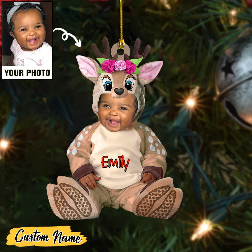 Reindeer Custume Baby Girls And Boy Custom Photo With Name Ornament CTH01