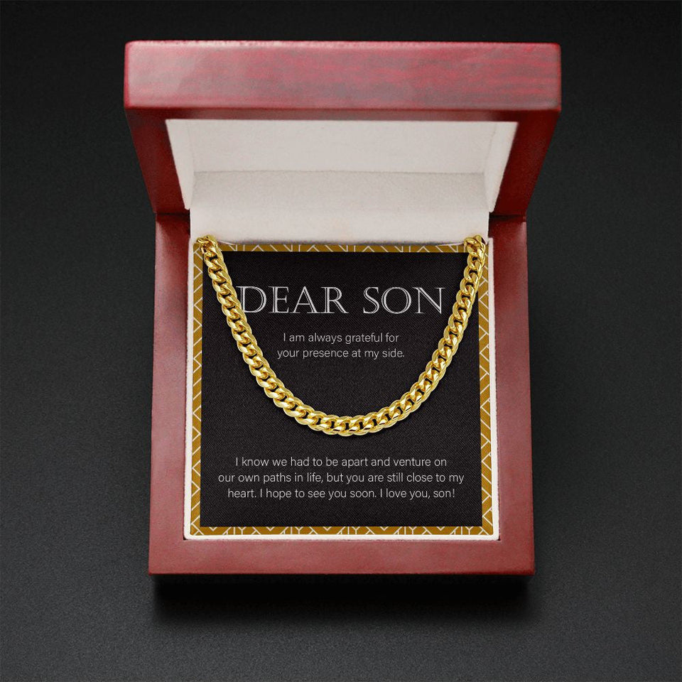 "Close To My Heart" Long-Distance Son Necklace Gift From Mom Dad Cuban Link Chain Jewelry Box Birthday Christmas Graduation Thanksgiving