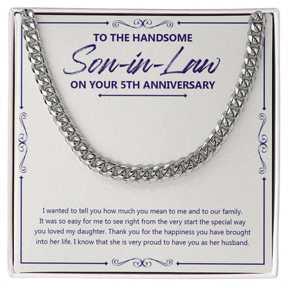 "Right From The Start" Handsome Son In Law 5th Wedding Anniversary Necklace Gift From Mother-In-Law Father-In-Law Cuban Link Chain Jewelry Box