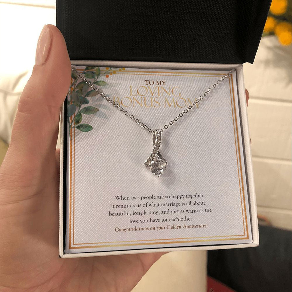 "Two People Happy Together" Loving Bonus Mom Golden 50th Wedding Anniversary Necklace Gift From Daughter Son Alluring Beauty Pendant Jewelry Box