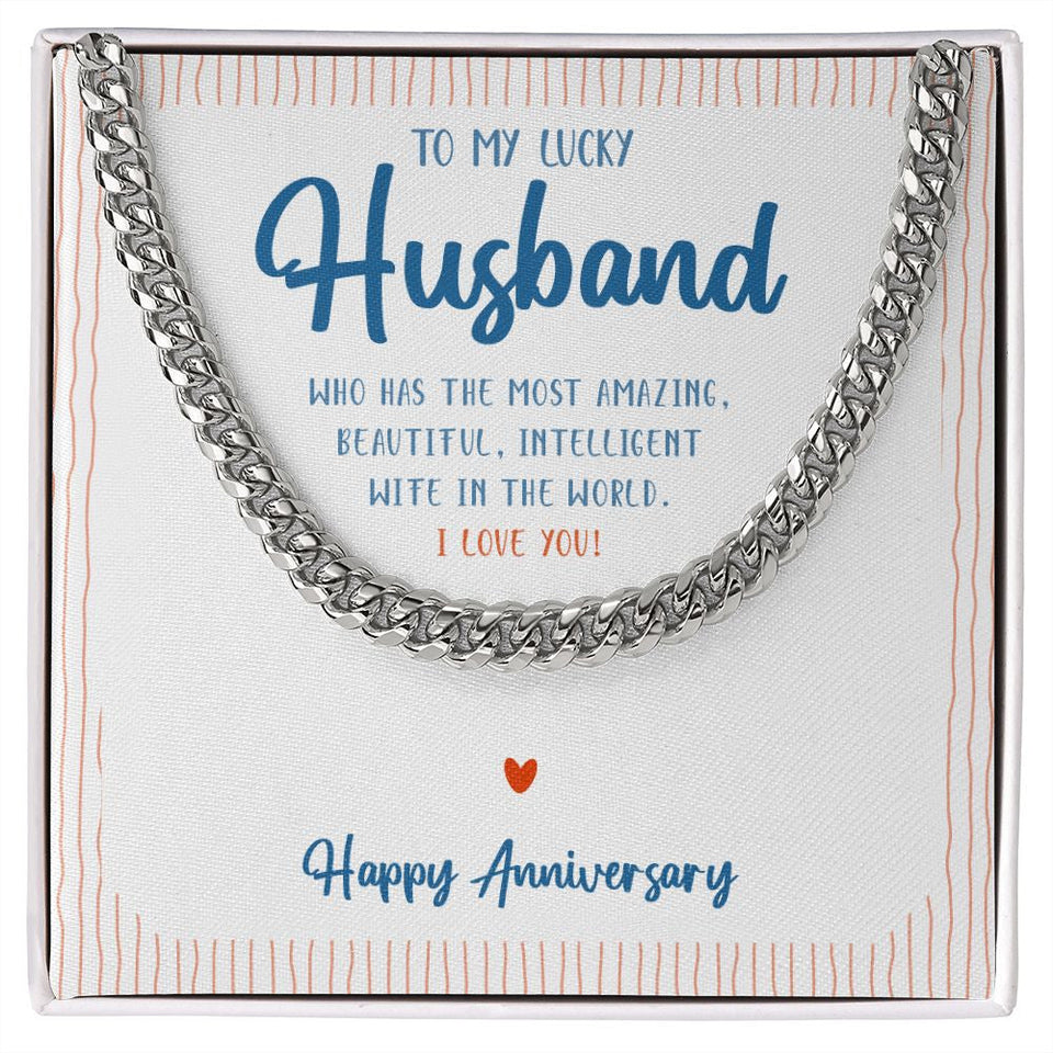 "Who Has the Most" Lucky Husband Wedding Anniversary Necklace Gift From Wife Cuban Link Chain Jewelry Box