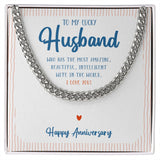 "Who Has the Most" Lucky Husband Wedding Anniversary Necklace Gift From Wife Cuban Link Chain Jewelry Box