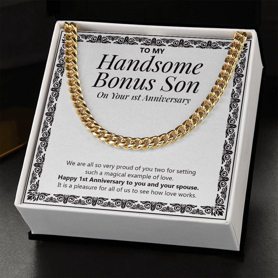 "Magical Example Of Love" Handsome Bonus Son 1st Wedding Anniversary Necklace Gift From Mom Dad Cuban Link Chain Jewelry Box