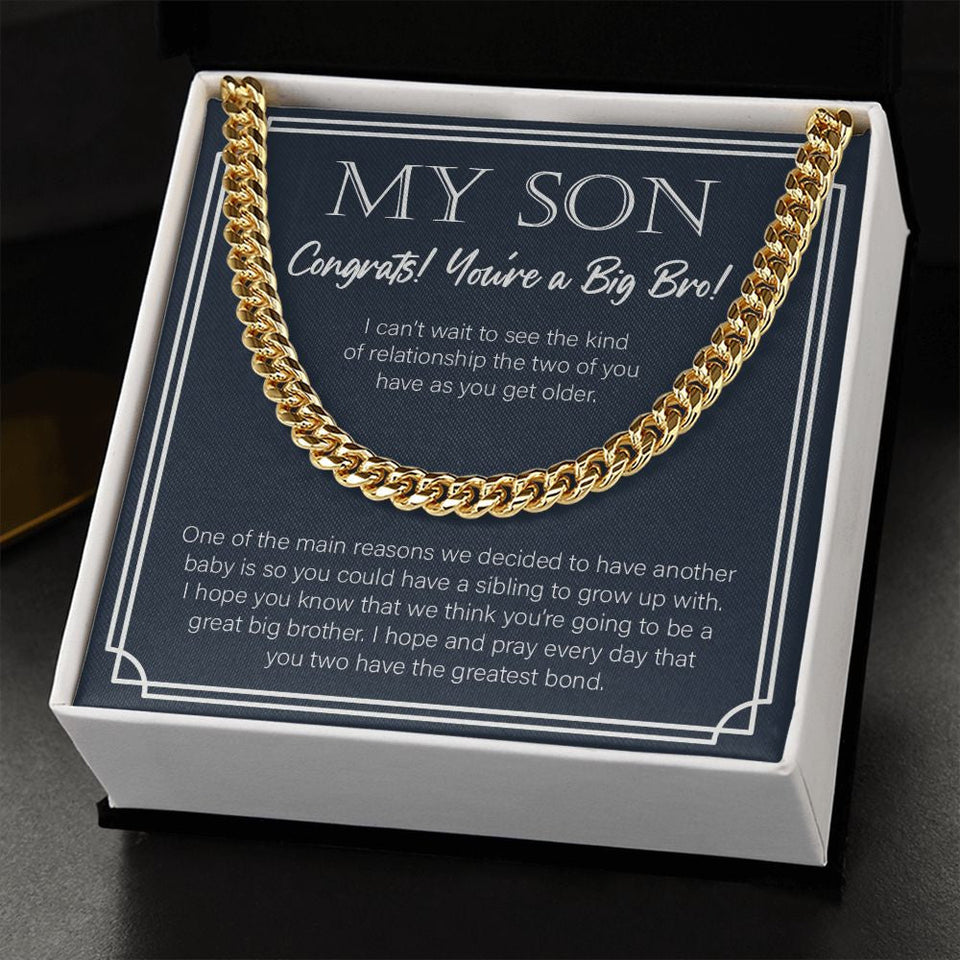 "Sibling To Grow Up With" Son Promoted To Big Bro Necklace Gift From Mom Dad Parents Cuban Link Chain Jewelry Box Birth Announcement Pregnancy Reveal