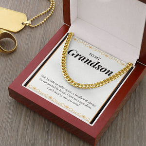 "Always Connected By Heart" Long-Distance Grandson Necklace Gift From Grandma Grandpa Cuban Link Chain Jewelry Box Birthday Christmas Thanksgiving New Year