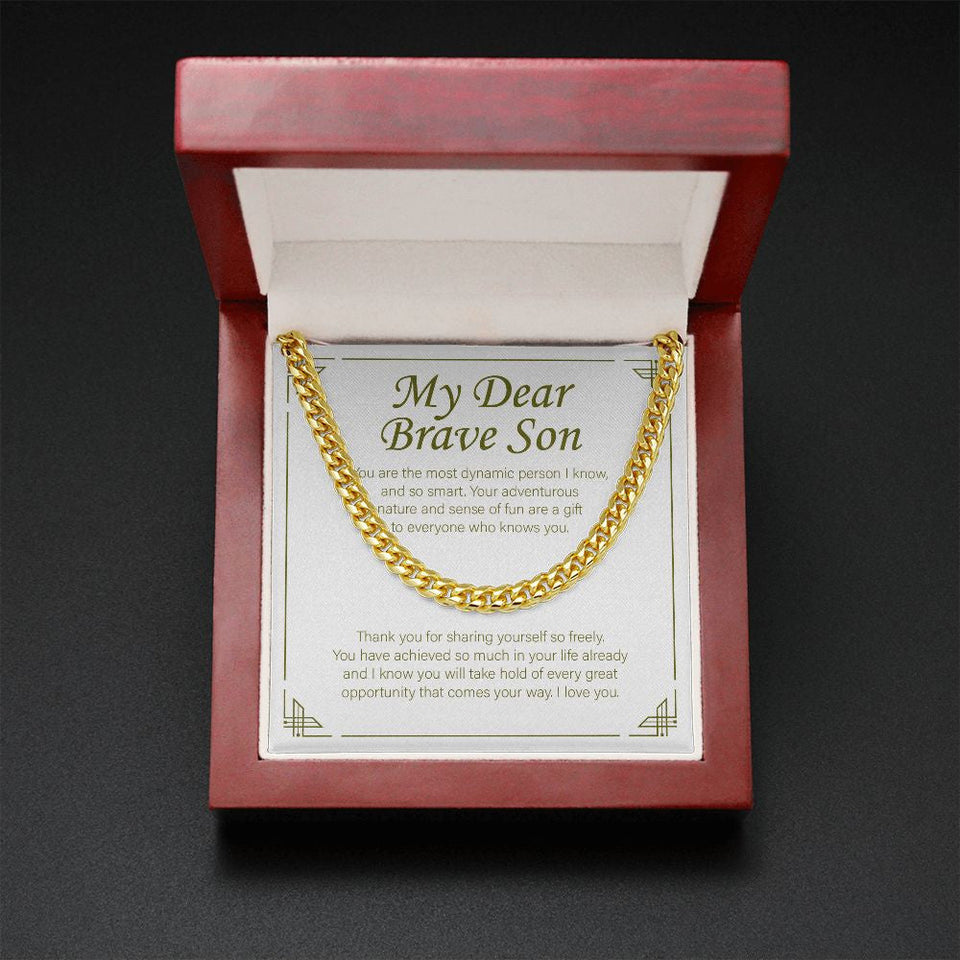 "Most Dynamic Person I Know" Brave Son Necklace Gift From Mom Dad Cuban Link Chain Jewelry Box Graduation Birthday Christmas