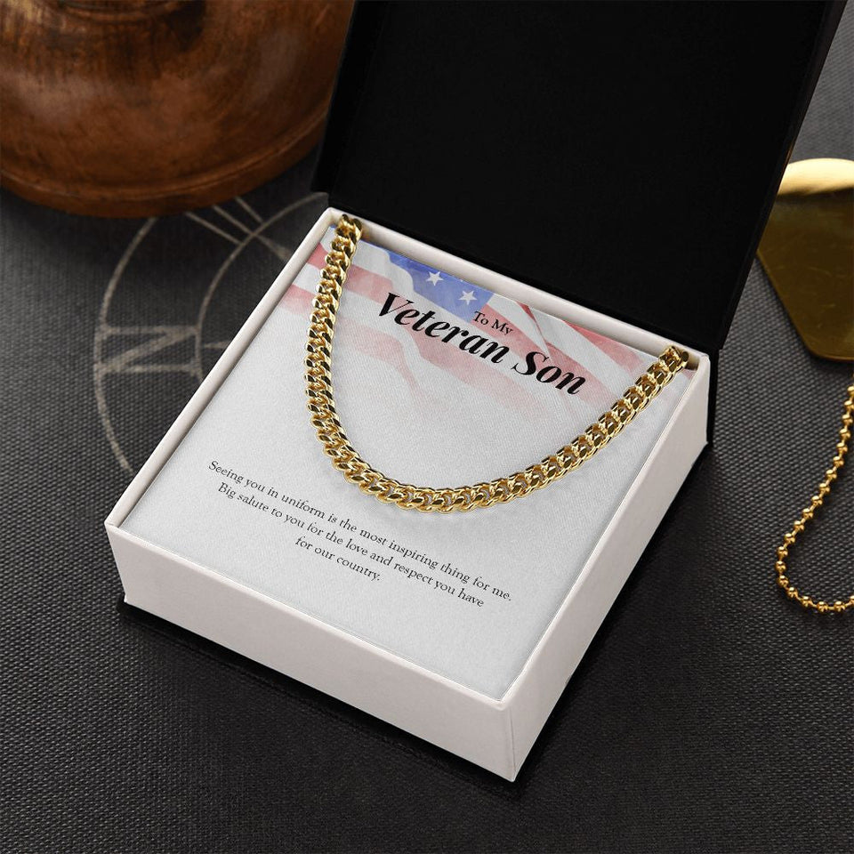 "Big Salute To You" Veteran Son Necklace Gift From Dad Mom Cuban Link Chain Jewelry Box Deployment Veterans Day Thanksgiving