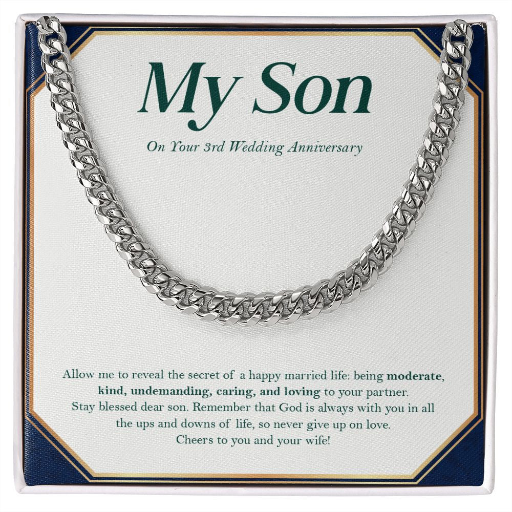 "Being Blessed" Son 3rd Wedding Anniversary Necklace Gift From Mom Dad Parents Cuban Link Chain Jewelry Box