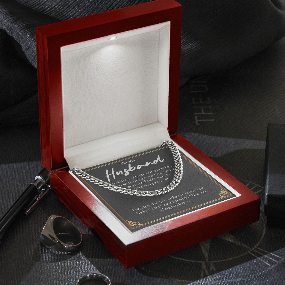 "Asset In My Life" Husband Job Promotion Necklace Gift From Wife Cuban Link Chain Jewelry Box