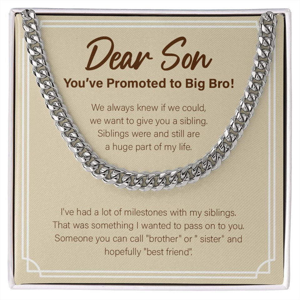 "A Huge Part Of My Life" Son Promoted To Big Bro Necklace Gift From Mom Cuban Link Chain Jewelry Box Birth Announcement Pregnancy Reveal