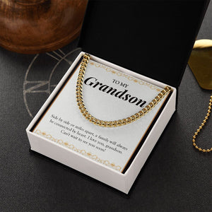 "Always Connected By Heart" Long-Distance Grandson Necklace Gift From Grandma Grandpa Cuban Link Chain Jewelry Box Birthday Christmas Thanksgiving New Year