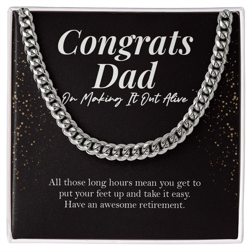 "Making It Out Alive" Dad Retirement Necklace Gift From Daughter Son Children Cuban Link Chain Jewelry Box