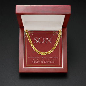 "On The Nice List" Son Christmas Necklace Gift From Mom Dad Cuban Link Chain Jewelry Box