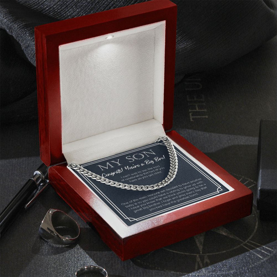 "Sibling To Grow Up With" Son Promoted To Big Bro Necklace Gift From Mom Dad Parents Cuban Link Chain Jewelry Box Birth Announcement Pregnancy Reveal
