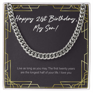 "Longest Half Of Life" Son 21st Birthday Necklace Gift From Mom Dad Cuban Link Chain Jewelry Box