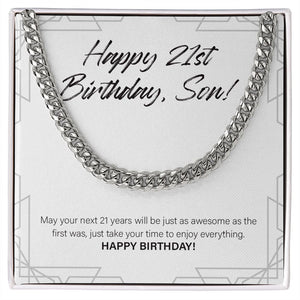 "Time To Enjoy Everything" Son 21st Birthday Necklace Gift From Mom Dad Cuban Link Chain Jewelry Box