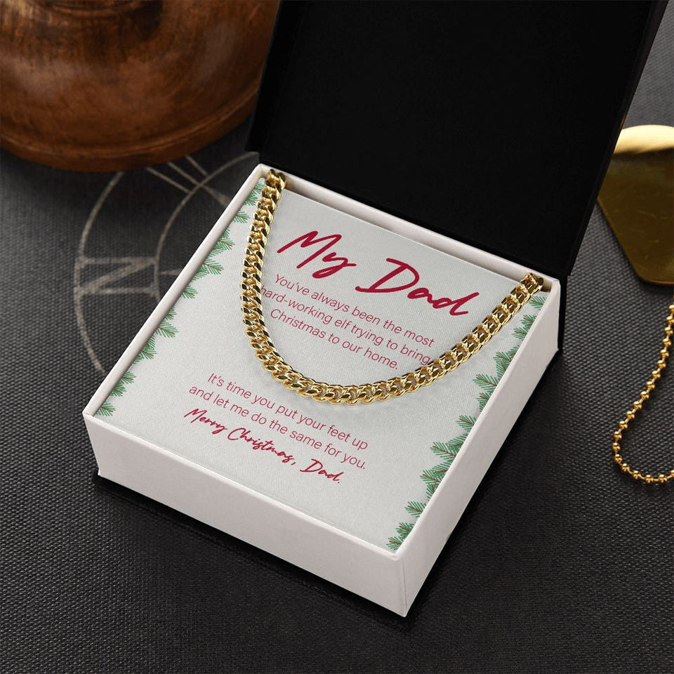 "The Most Hard-Working Elf" Dad Christmas Necklace Gift From Daughter Son Cuban Link Chain Jewelry Box