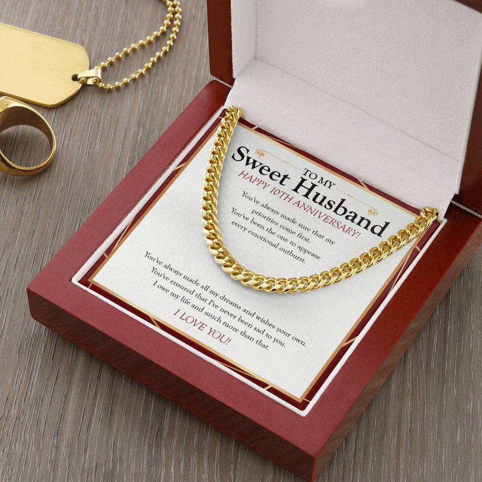 "I Owe My Life To You" Sweet Husband 10th Wedding Anniversary Necklace Gift From Wife Cuban Link Chain Jewelry Box
