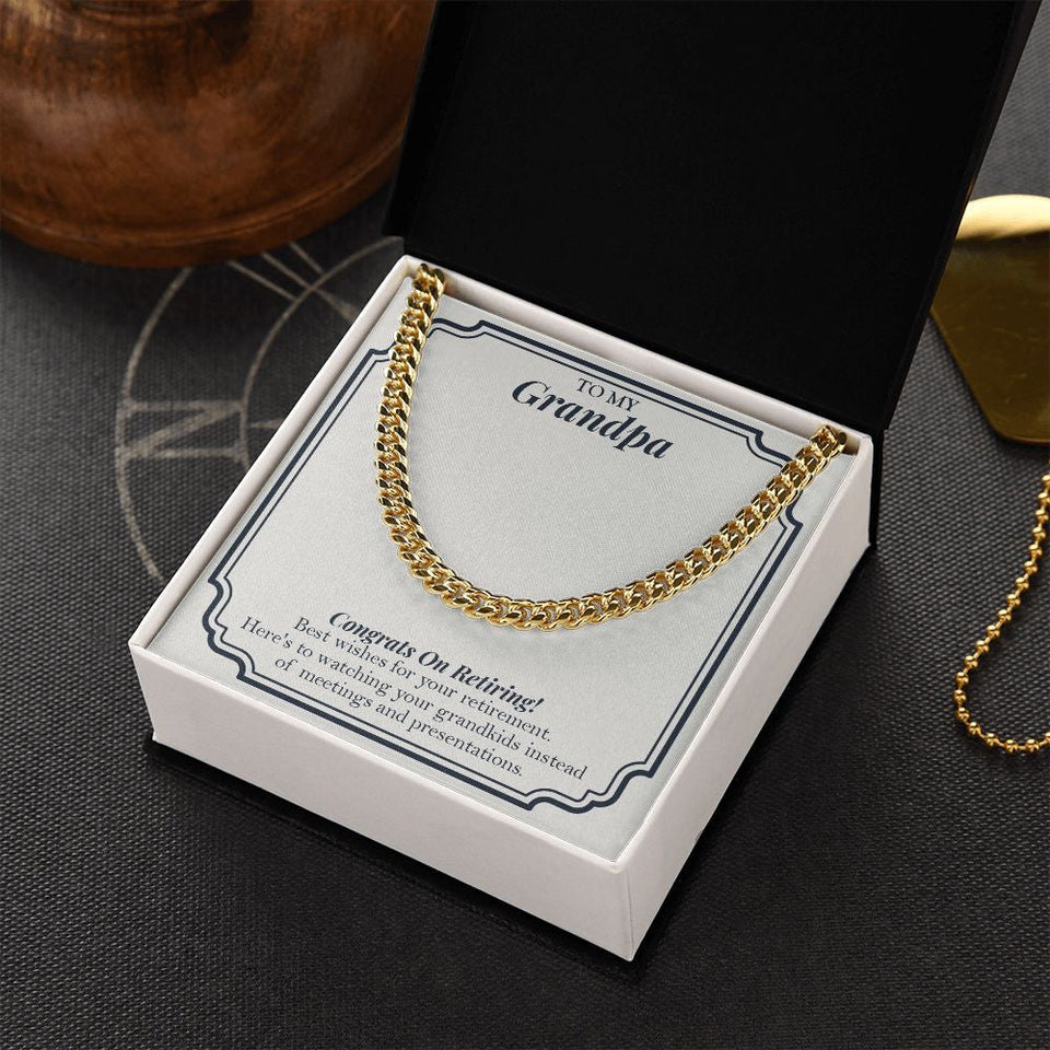"Instead Of Meetings And Presentations" Grandpa Retirement Necklace Gift From Granddaughter Grandson Grandkids Cuban Link Chain Jewelry Box