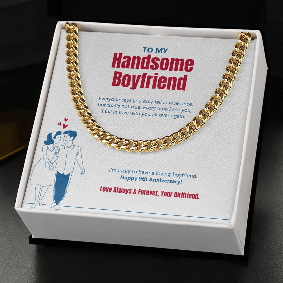 "Fall In Love Again" Handsome Boyfriend 9th Anniversary Necklace Gift From Girlfriend Cuban Link Chain Jewelry Box