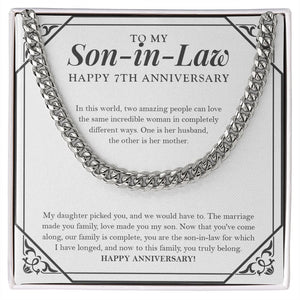 "Marriage Made You Family" Son In Law 7th Wedding Anniversary Necklace Gift From Mother-In-Law Father-In-Law Cuban Link Chain Jewelry Box