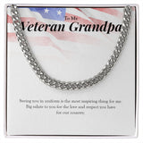 "Big Salute To You" Veteran Grandpa Necklace Gift From Granddaughter Grandson Cuban Link Chain Jewelry Box Deployment Veterans Day Thanksgiving