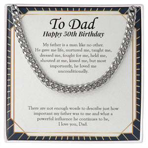 "A Powerful Influence" Dad 50th Birthday Necklace Gift From Daughter Son Cuban Link Chain Jewelry Box