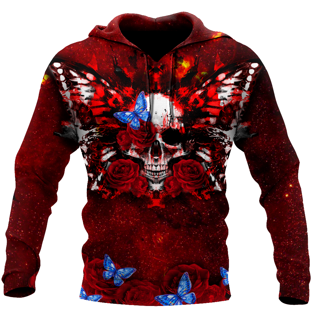Skull Gifts Butterfly love Skull red all over printed US Unisex Size Hoodie