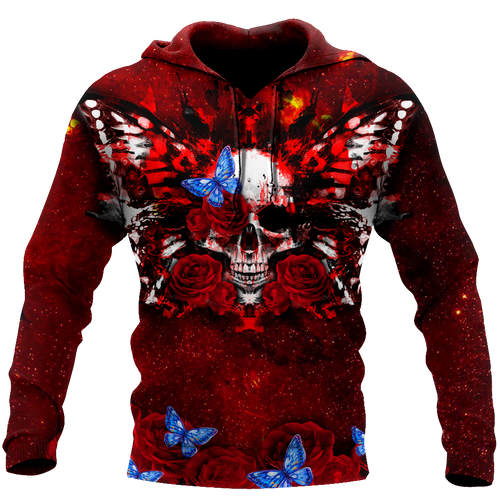 Skull Gifts Butterfly love Skull red all over printed US Unisex Size Hoodie