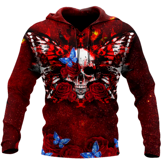 Skull Gifts Butterfly love Skull red all over printed US Unisex Size Hoodie
