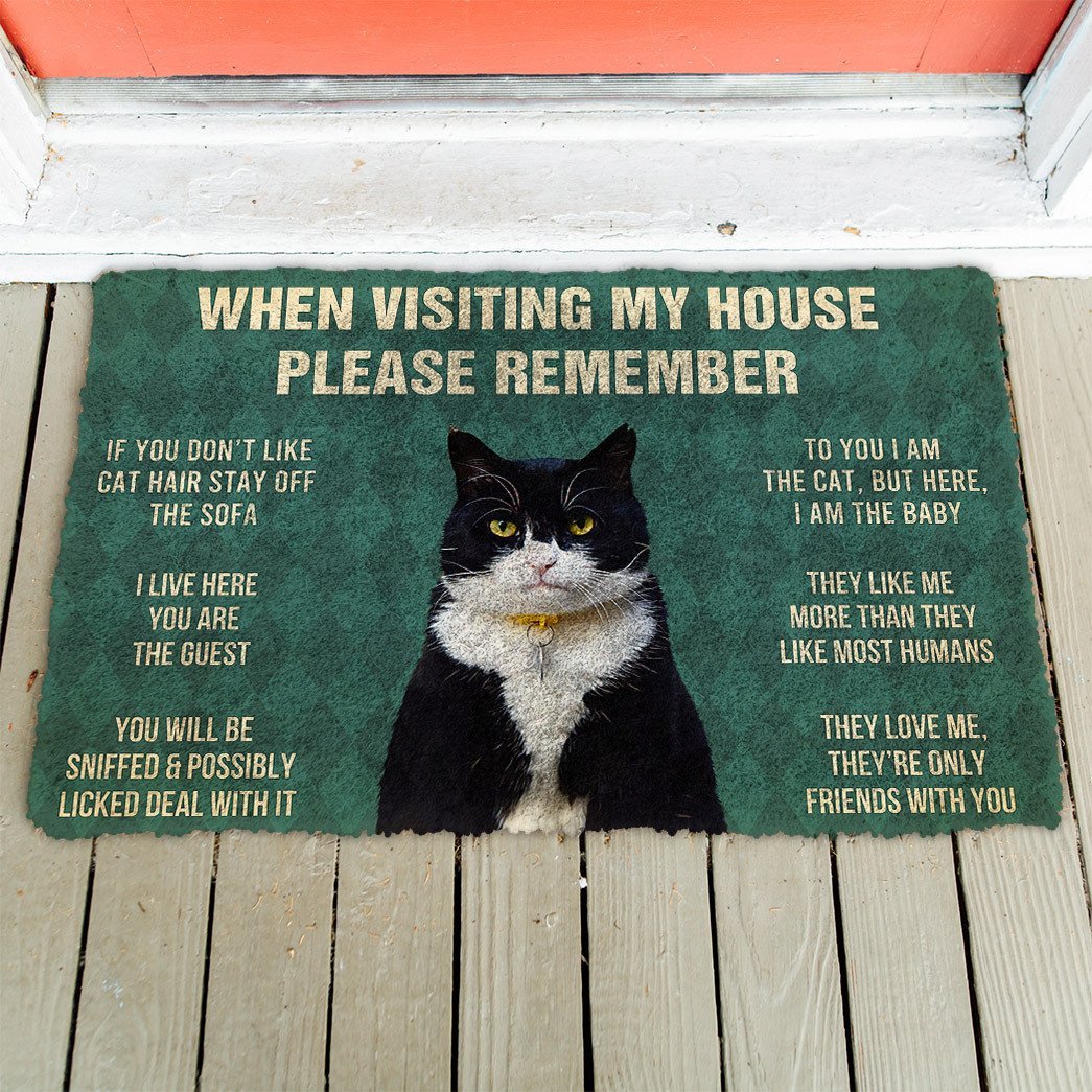 3D Please Remember Tuxedo Cat House Rules Doormat