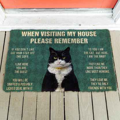 3D Please Remember Tuxedo Cat House Rules Doormat