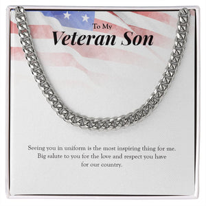 "Big Salute To You" Veteran Son Necklace Gift From Dad Mom Cuban Link Chain Jewelry Box Deployment Veterans Day Thanksgiving