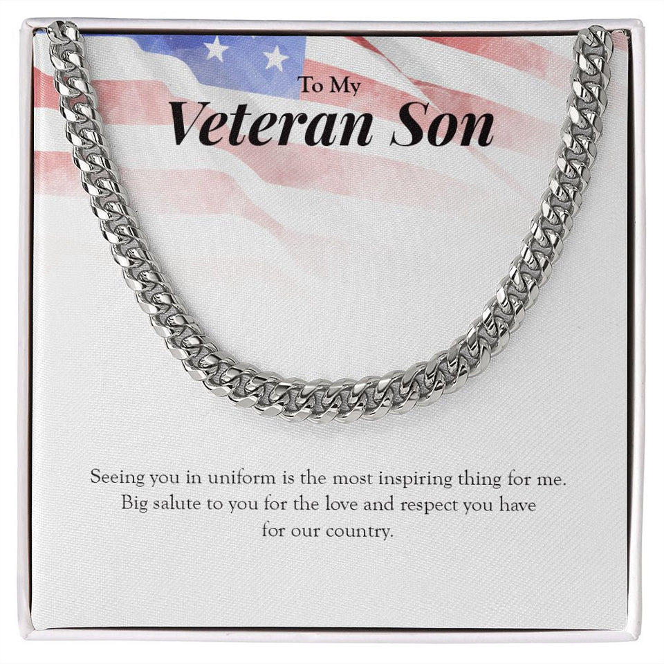 "Big Salute To You" Veteran Son Necklace Gift From Dad Mom Cuban Link Chain Jewelry Box Deployment Veterans Day Thanksgiving