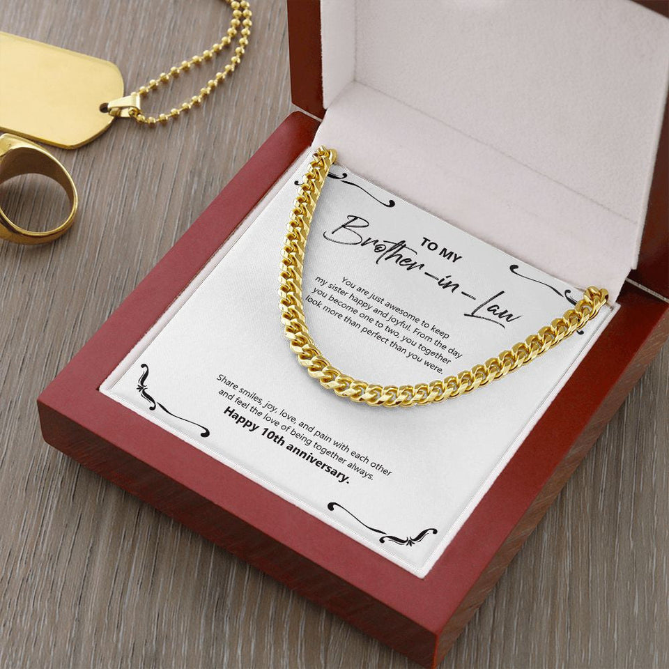 "Share Smiles And Joy" Brother In Law 10th Wedding Anniversary Necklace Gift From Sister-In-Law Brother-In-Law Cuban Link Chain Jewelry Box