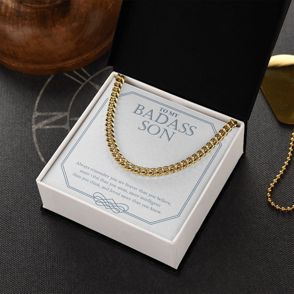 "Loved More Than You Know" Badass Son Necklace Gift From Mom Dad Cuban Link Chain Jewelry Box Birthday Christmas Graduation New Year