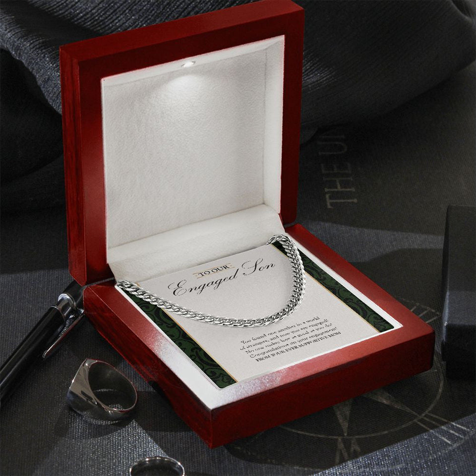 "In A World Of Strangers" Son Engagement Necklace Gift From Mom Dad Parents Cuban Link Chain Jewelry Box