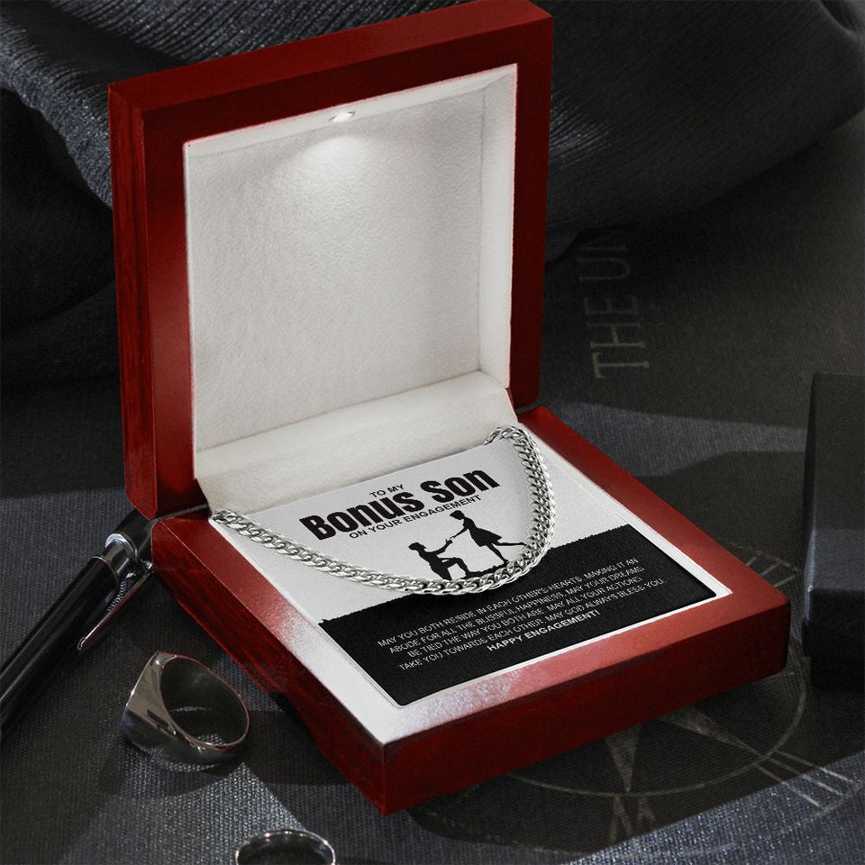 "Blissful Happiness" Bonus Son Engagement Necklace Gift From Mom Dad Parents Cuban Link Chain Jewelry Box